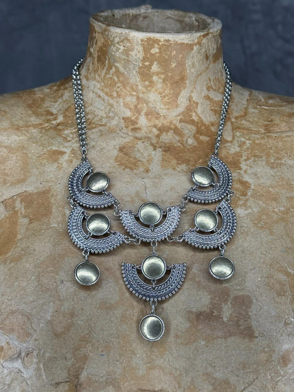 Chicos Necklace Reversible Bib Statement Silver Tone Rhinestone Brass Boho Artsy